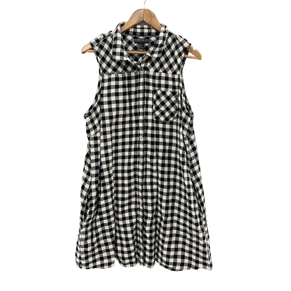 Forever 21 Black White Buffalo Check Flannel Shirt Dress Tunic Sz 1X Sleeveless